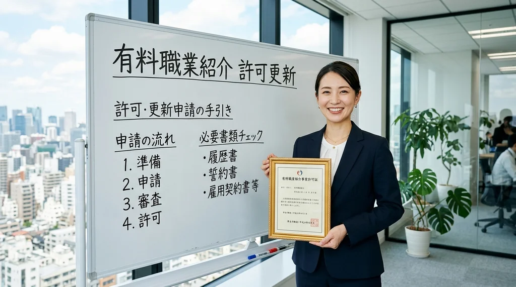 有料職業紹介事業の許可・更新申請の手引き（申請の流れ、必要書類チェック）を説明する公認会計士の女性の横長写真