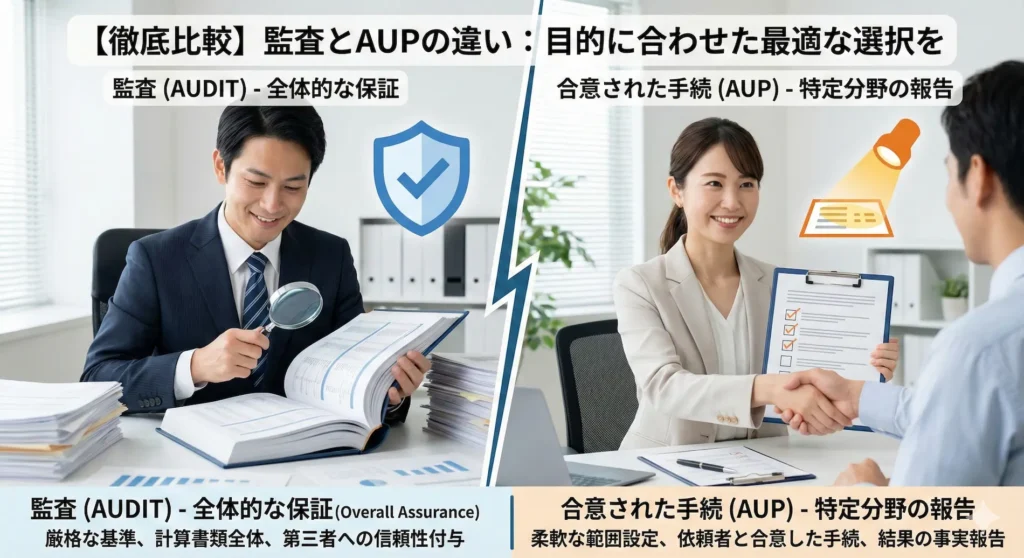 監査(AUDIT)と合意された手続(AUP)の違いを示すインフォグラフィック。左側では男性公認会計士が「全体的な保証」のために厳格に書類をチェックする様子、右側では女性公認会計士がクライアントと「特定分野の報告」について合意し握手する様子が対比され、それぞれの目的と特徴がテキストで解説されている。