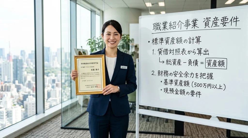 職業紹介事業の資産要件（基準資産額）の計算方法を説明する公認会計士の女性 of 横長写真