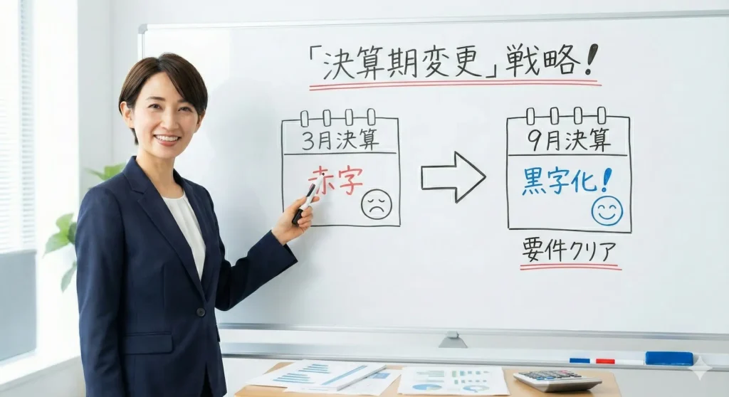 派遣業許可更新の資産要件を満たすため、「決算期の変更」を行う戦略について解説する女性公認会計士。赤字決算から黒字化へ転換し、基準資産額をクリアするイメージ図。