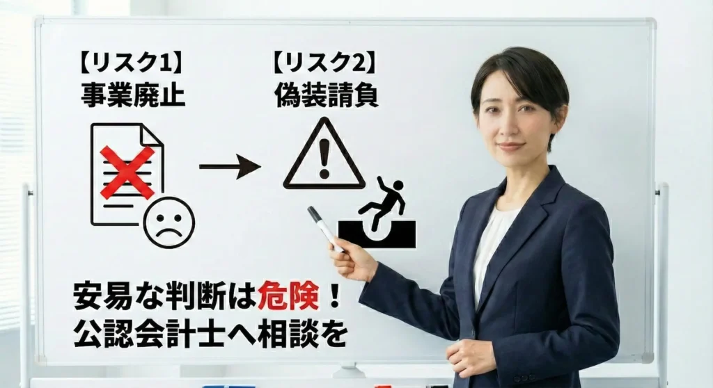 派遣業許可更新ができない場合の「事業廃止」と「偽装請負」のリスクについて、ホワイトボードの図を示しながら警告する女性公認会計士。「安易な判断は危険！公認会計士へ相談を」というメッセージが強調されている。