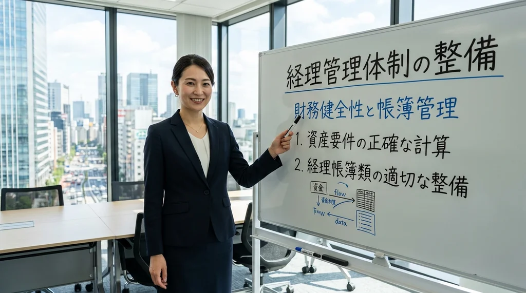 派遣事業更新で問われる経理管理体制（財務健全性や帳簿・関係書類の管理）を説明する公認会計士の女性の横長写真