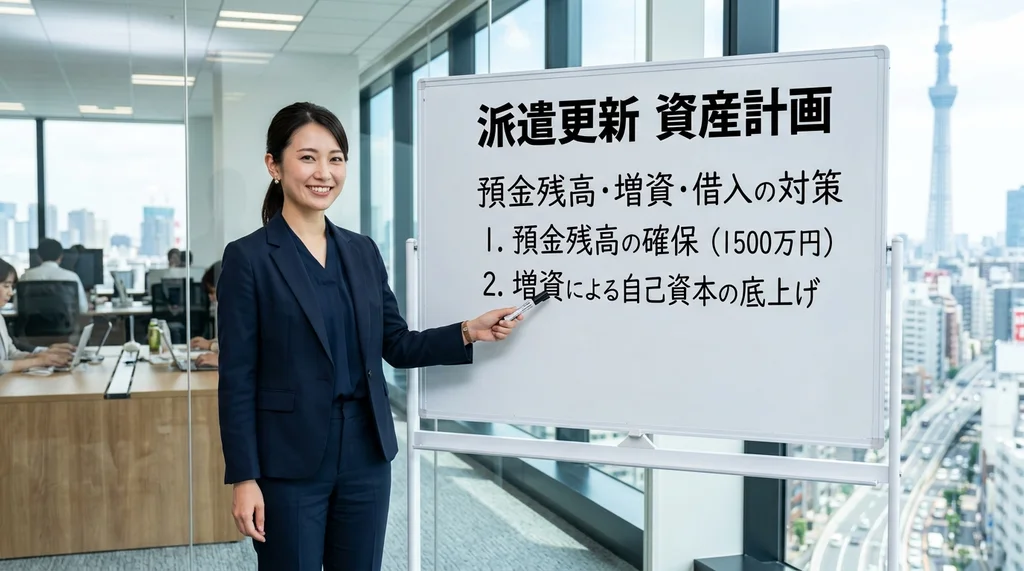 派遣事業更新で失敗しない資産計画（預金残高、増資、借入の具体的対策）を説明する公認会計士の女性の横長写真