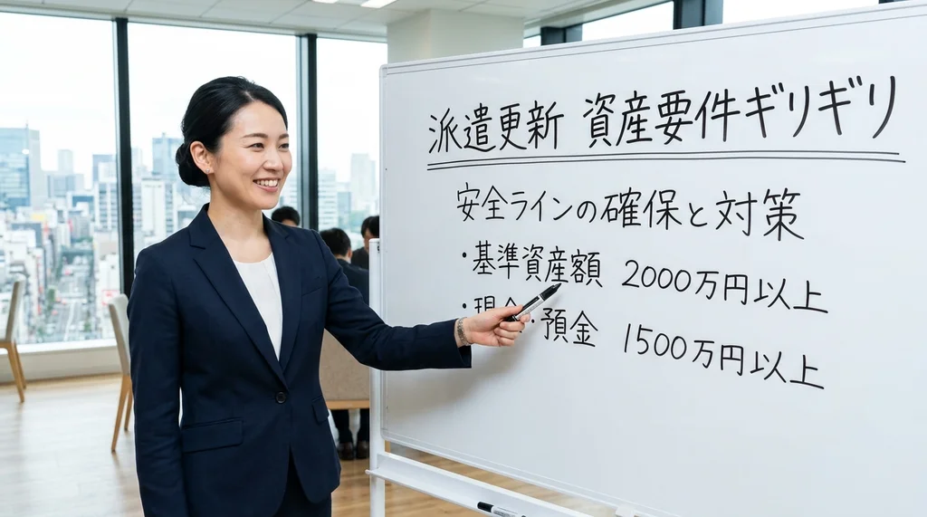派遣事業更新で資産要件がギリギリの場合のリスクと安全ライン確保の対策を説明する公認会計士の女性の横長写真