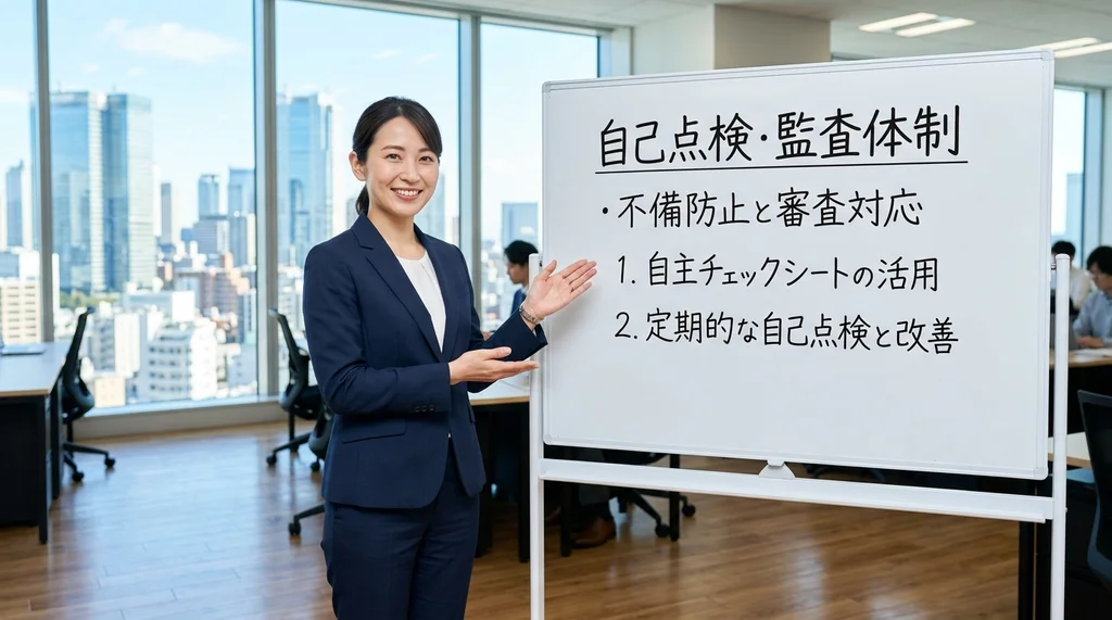 派遣事業の更新審査に向けた自主的な自己点検や監査体制の構築ポイントを説明する公認会計士の女性の横長写真