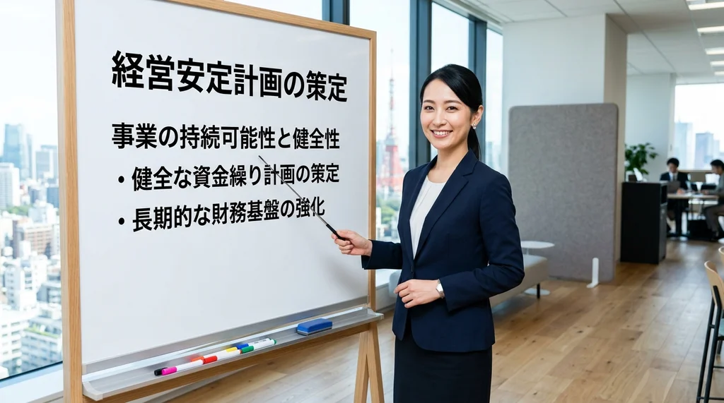 派遣事業更新で求められる経営安定計画（財務健全性や長期的な資金繰り計画）を説明する公認会計士の女性の横長写真
