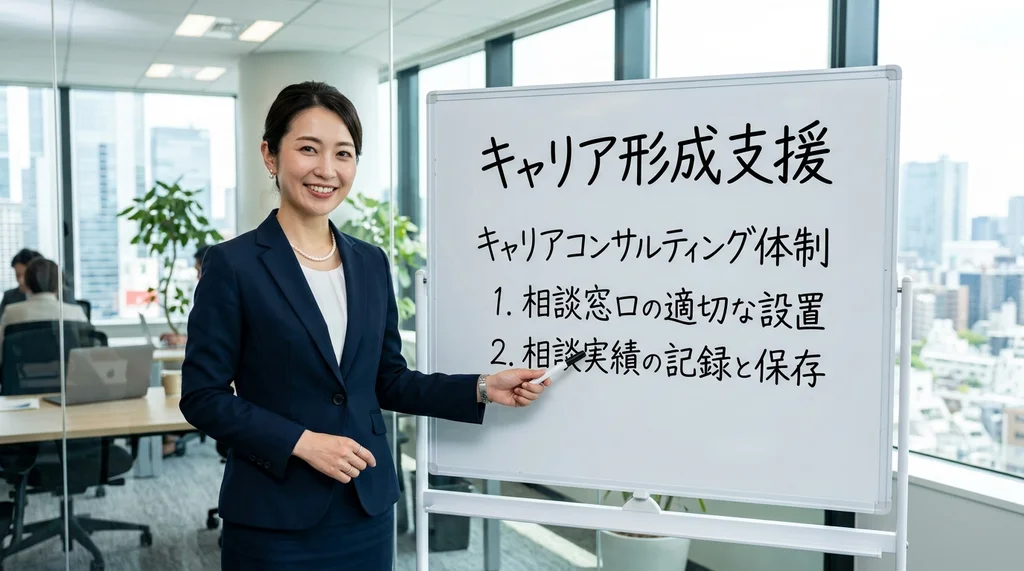 派遣労働者のキャリア形成支援に必要なキャリアコンサルティング体制を説明する公認会計士の女性の横長写真
