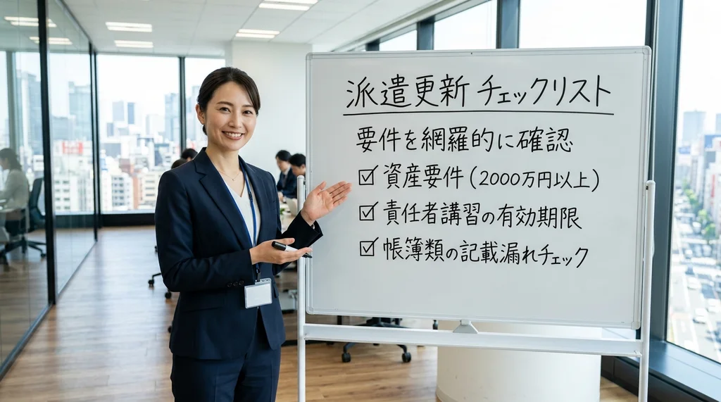 派遣事業更新でチェックすべき要件（資産要件、責任者要件、帳簿等）を網羅したチェックリストを説明する公認会計士の女性の横長写真