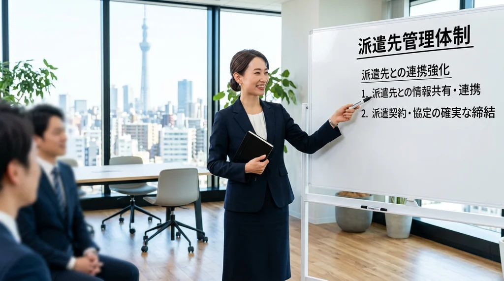 派遣事業更新で求められる派遣先管理体制（協定締結、情報共有、連携強化のポイント）を説明する公認会計士の女性の横長写真