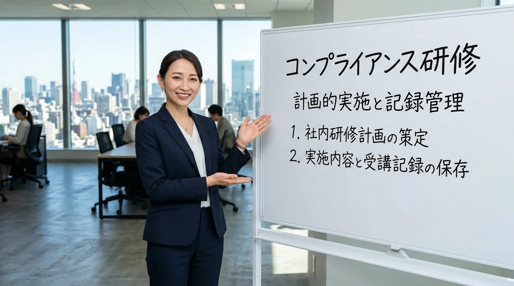 派遣事業更新で確認される社内のコンプライアンス研修計画や実施記録の管理を説明する公認会計士の女性の横長写真