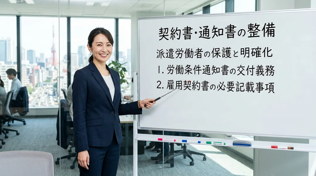 派遣労働者に交付する労働条件通知書や雇用契約書の必要記載事項と整備方法を説明する公認会計士の女性の横長写真