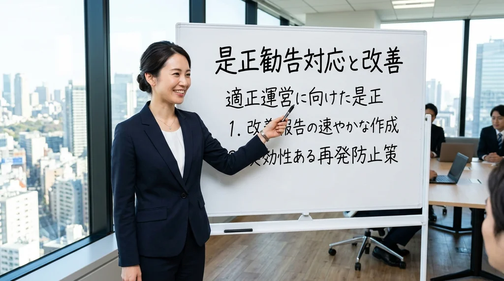 派遣事業の調査で是正勧告を受けた場合の改善報告書提出や再発防止策の対応ポイントを説明する公認会計士の女性 of 横長写真