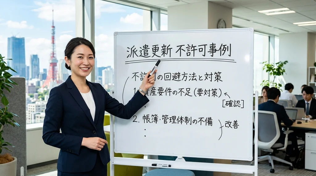 派遣事業の更新不許可事例（資産要件不足、帳簿不備）と回避対策を解説する公認会計士の女性の横長写真