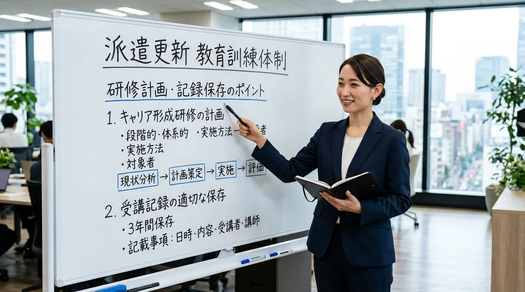 派遣事業更新に必要な教育訓練体制（計画策定、記録保存のポイント）を説明する公認会計士の女性の横長写真
