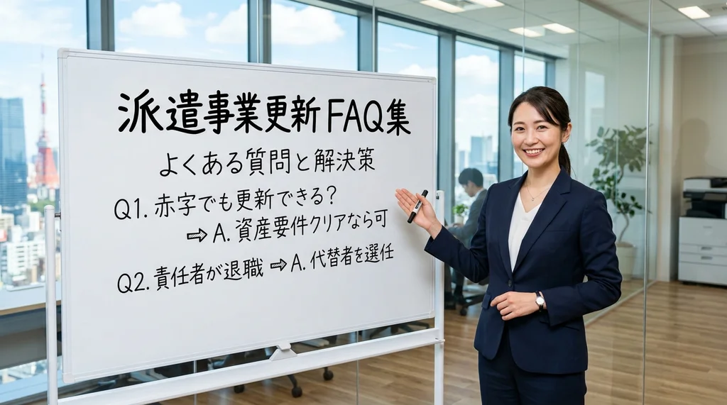 派遣事業の更新に関してよく寄せられる質問（赤字更新、責任者の退職時の対応など）を説明する公認会計士の女性の横長写真