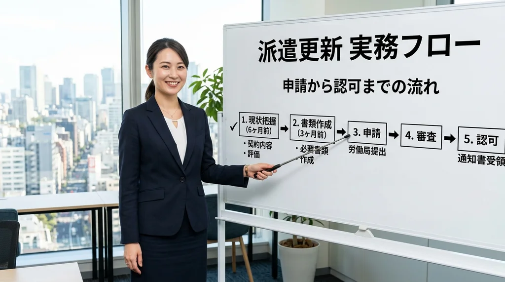 派遣事業更新の申請から認可までの実務フロー（現状把握、書類作成、申請、審査、認可）を説明する公認会計士 of 女性の横長写真