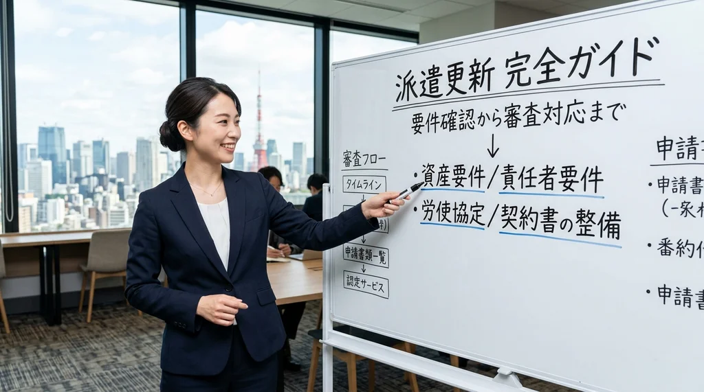 派遣事業の更新手続き（資産要件、責任者、帳簿・契約書等）の全体像と実務フローを網羅した完全ガイドを説明する公認会計士の女性の横長写真