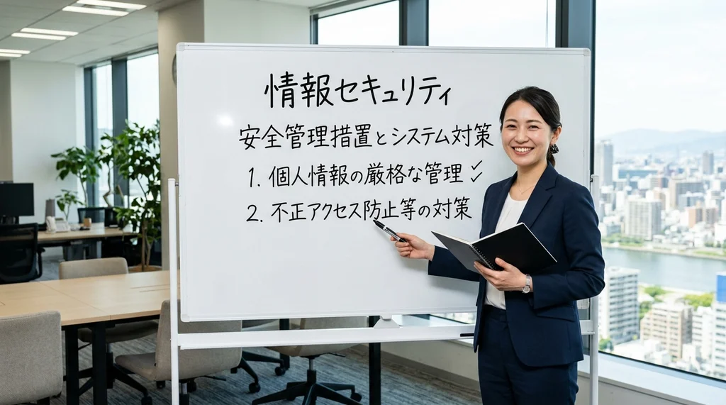 派遣事業更新で重要となる情報セキュリティ体制（個人情報管理、システムセキュリティ対策）を説明する公認会計士の女性の横長写真