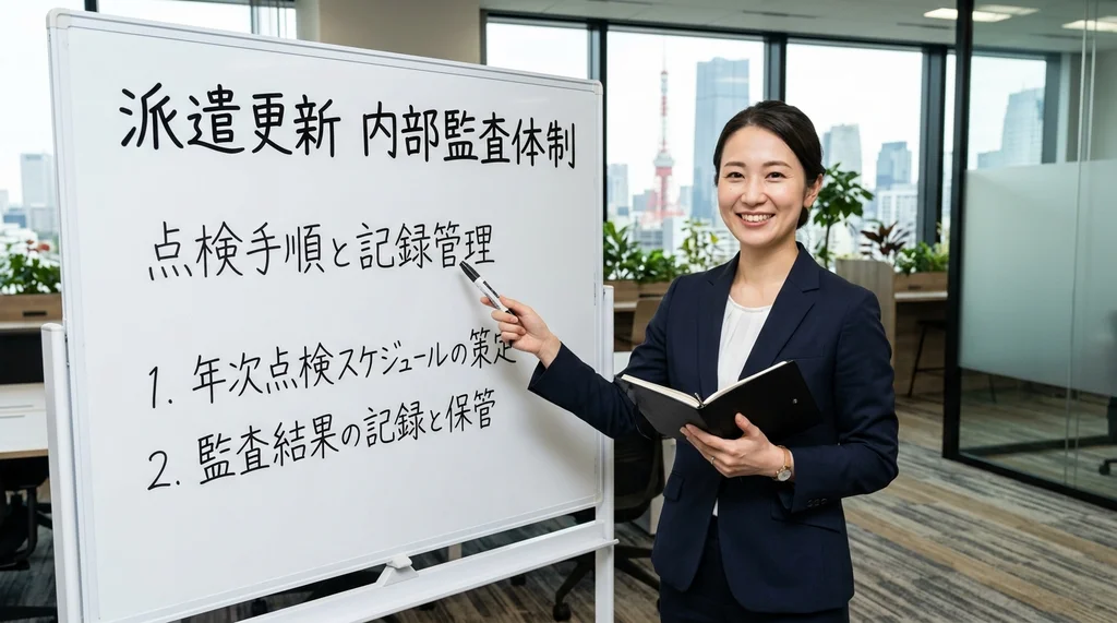 派遣事業更新で求められる自主的な内部監査体制（点検手順や記録管理）を説明する公認会計士の女性の横長写真