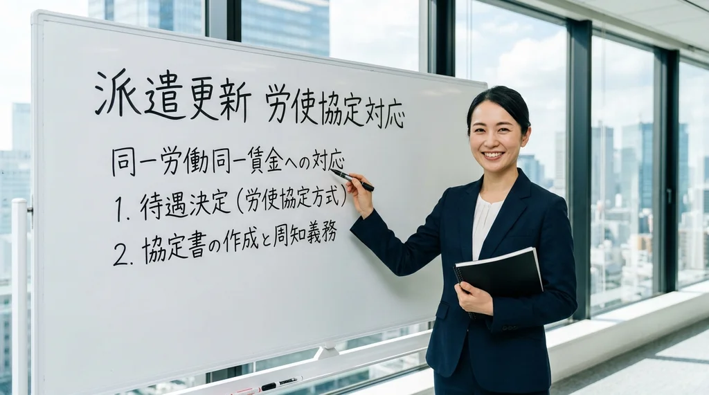 派遣事業更新で必要な労使協定対応(待遇決定、協定書の作成と周知義務)を説明する公認会計士の女性の横長写真