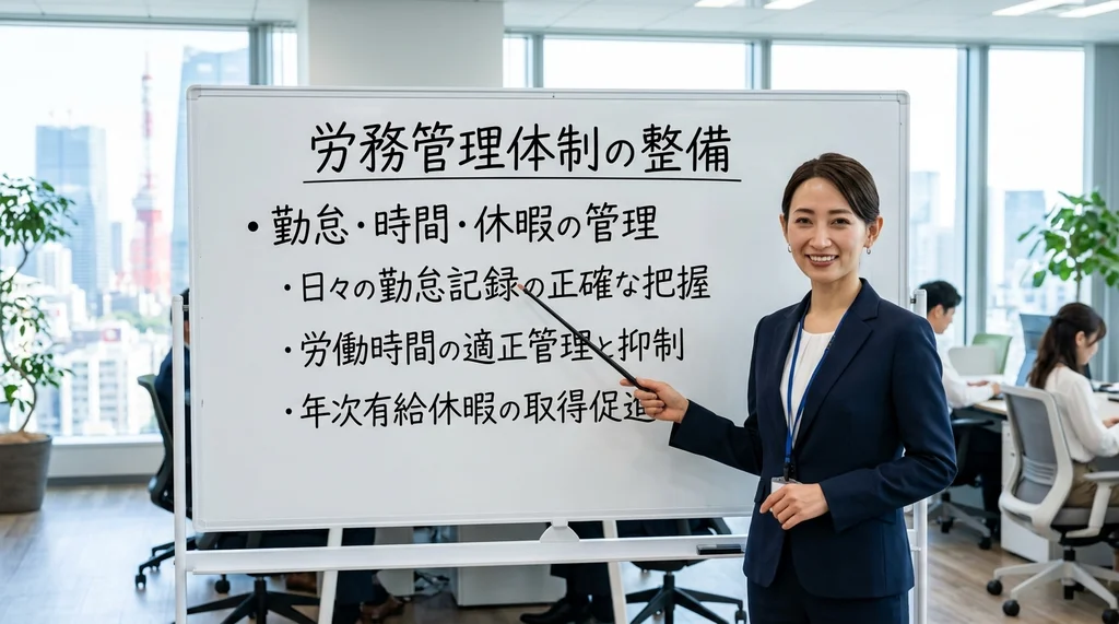 派遣事業更新で必ず確認される労務管理体制（勤怠、労働時間、有給休暇の管理）を説明する公認会計士の女性の横長写真