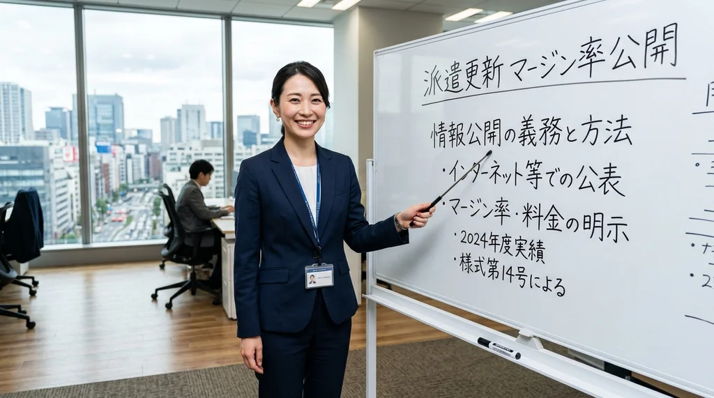 派遣事業更新で義務づけられているマージン率公開の方法（インターネット公表など）を説明する公認会計士の女性の横長写真