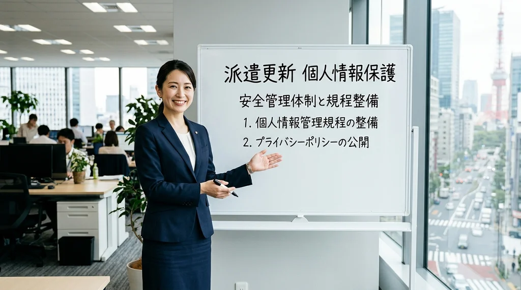 派遣事業更新で必要な個人情報保護体制（安全管理体制、管理規程の整備、プライバシーポリシー）を説明する公認会計士の女性の横長写真
