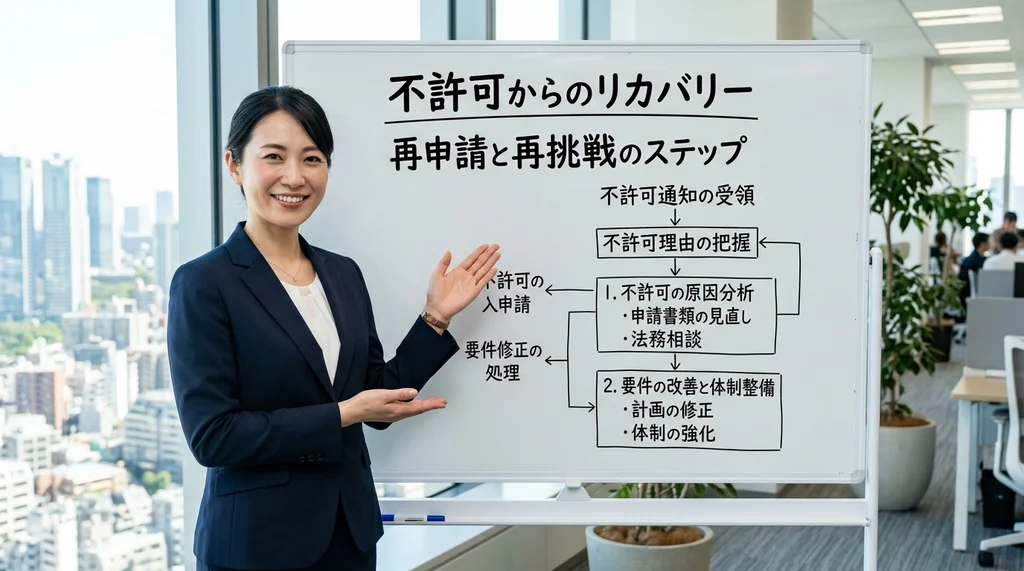 派遣事業の更新不許可から再申請・再挑戦するステップ（不許可理由の把握、原因分析、体制改善）を説明する公認会計士の女性の横長写真