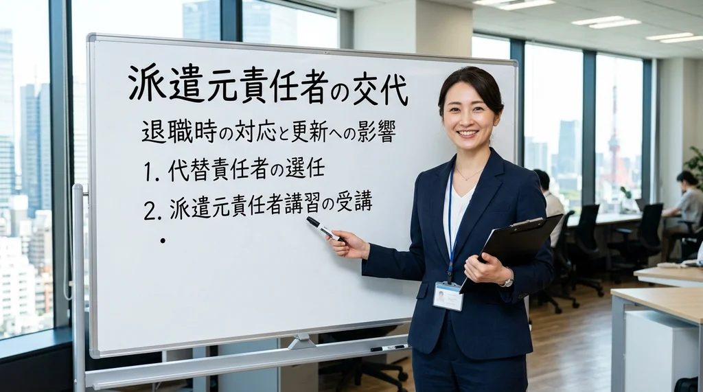 派遣元責任者が退職した場合の交代対応フロー（代替責任者の選任、責任者講習の受講要件）を説明する公認会計士の女性の横長写真
