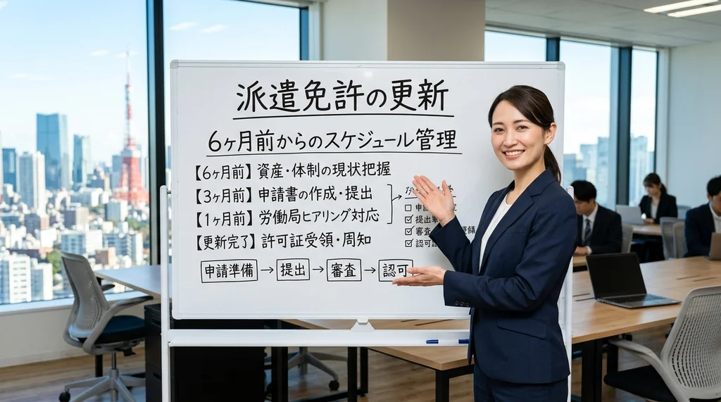 派遣事業更新のタイムライン（6ヶ月前、3ヶ月前、1ヶ月前スケジュール）を説明する公認会計士の女性の横長写真
