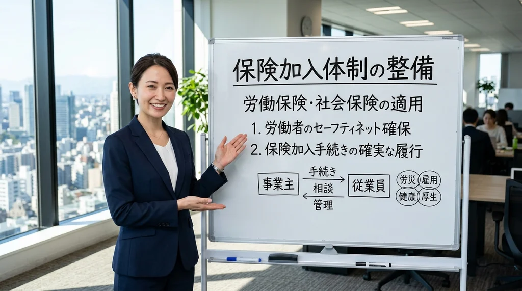 派遣事業更新で必ず確認される労働保険や社会保険の加入状況と整備ポイントを説明する公認会計士の女性の横長写真