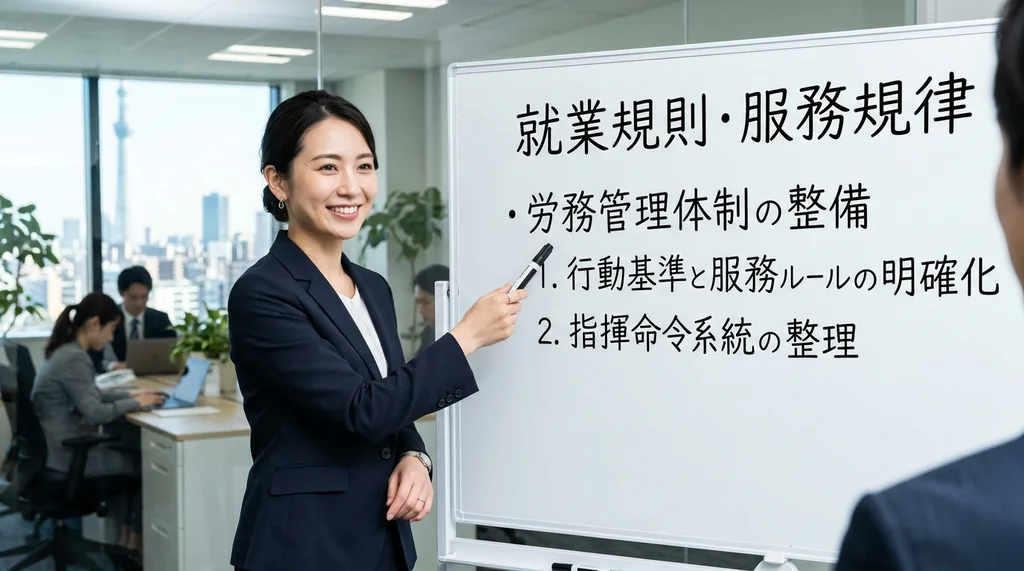派遣事業更新で厳しく確認される就業規則や服務規律の整備ポイントを説明する公認会計士の女性の横長写真