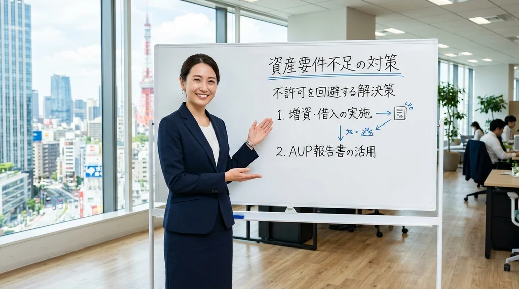 派遣事業更新で資産要件不足の場合に不許可を回避する解決策（増資・借入、AUP報告書の活用）を説明する公認会計士の女性の横長写真