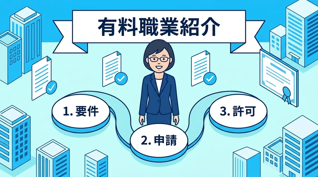 有料職業紹介事業の許可取得ステップ（要件、申請、許可）を説明する公認会計士のインフォグラフィックイラスト