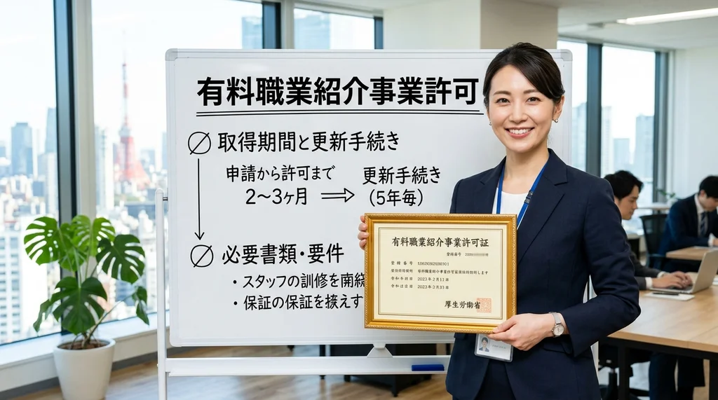 有料職業紹介事業許可の取得期間（2〜3ヶ月）と更新手続き（5年毎）を説明する公認会計士の女性の横長写真