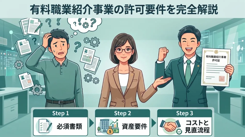 有料職業紹介事業の許可申請マニュアル。申請プロセスに悩む男性、専門家のサポート、許可証を受け取り喜ぶ男性の3コマで申請の流れを視覚的に解説。下部にはStep 1 必須要件、Step 2 資産要求、Step 3 コストと見直流程の3つのステップが表示されている。