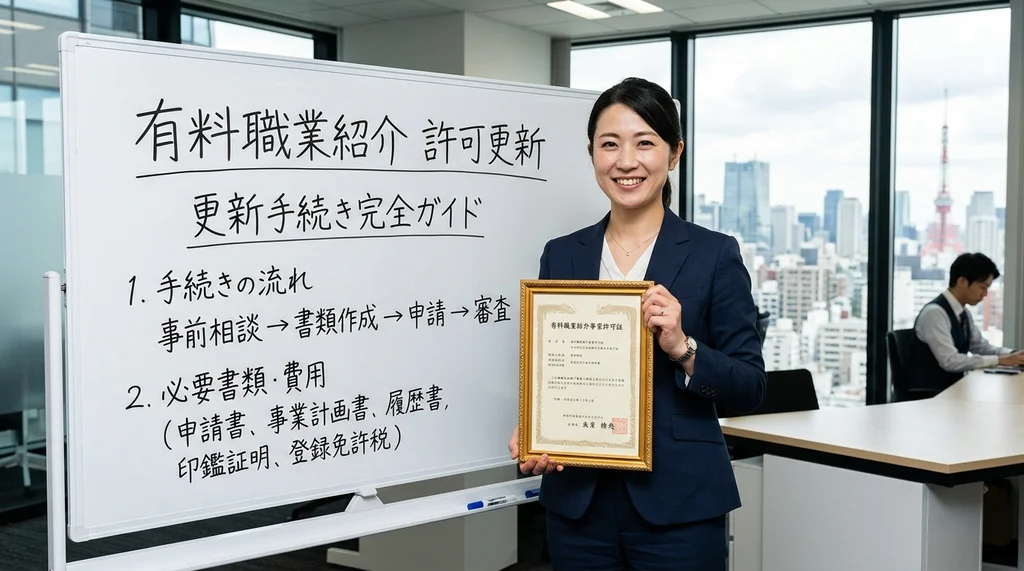 有料職業紹介事業の許可更新手続き完全ガイド（手続きの流れ、必要書類・費用）を解説する公認会計士の女性の横長写真