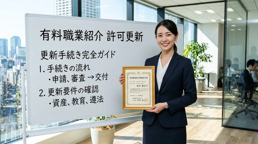 職業紹介事業の許可更新（手続きの流れ、要件確認、必要書類）を解説する公認会計士の女性の横長写真