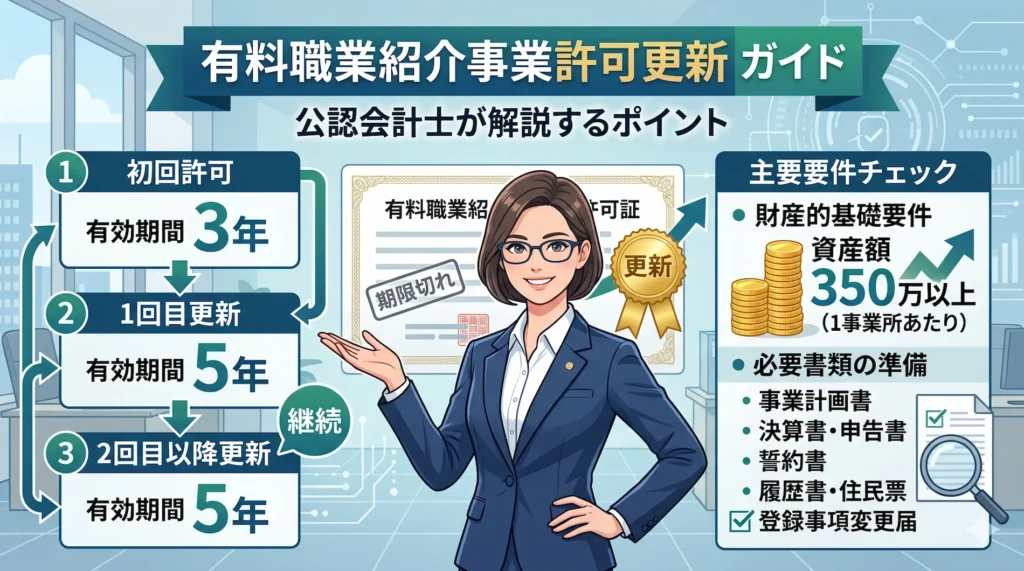有料職業紹介事業の許可更新ガイド。公認会計士が、初回3年・以降5年の有効期間や、資産額350万円以上などの財産的基礎要件、必要書類について解説するイラスト