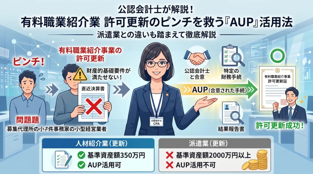 有料職業紹介事業（人材紹介業）の許可更新で財産的基礎要件を満たせない場合に活用できる「AUP（合意された手続）」の仕組みと、派遣業との違いを公認会計士が解説する図解