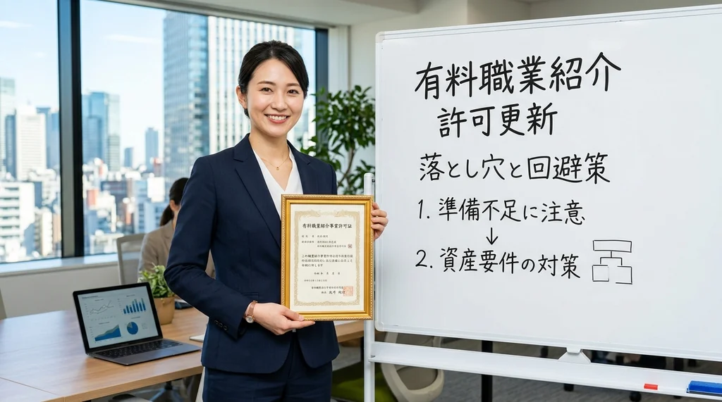 有料職業紹介事業の許可更新申請の落とし穴（準備不足）と回避策（資産要件の対策）を説明する公認会計士の女性の横長写真
