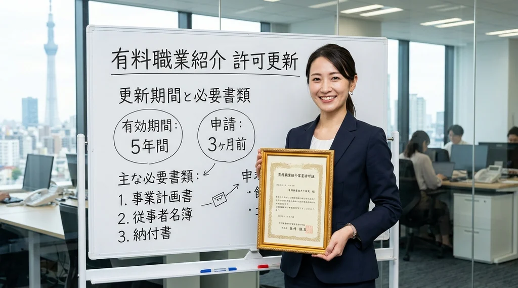 有料職業紹介事業の許可更新期間（5年毎、3ヶ月前申請）と必要書類を説明する公認会計士の女性の横長写真