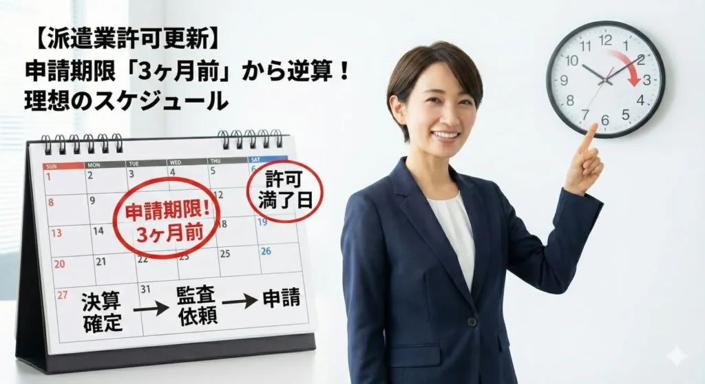 派遣業許可更新の申請期限「3ヶ月前」から逆算した理想のスケジュールについて、カレンダーのフロー図と時計を指差して解説する女性公認会計士。