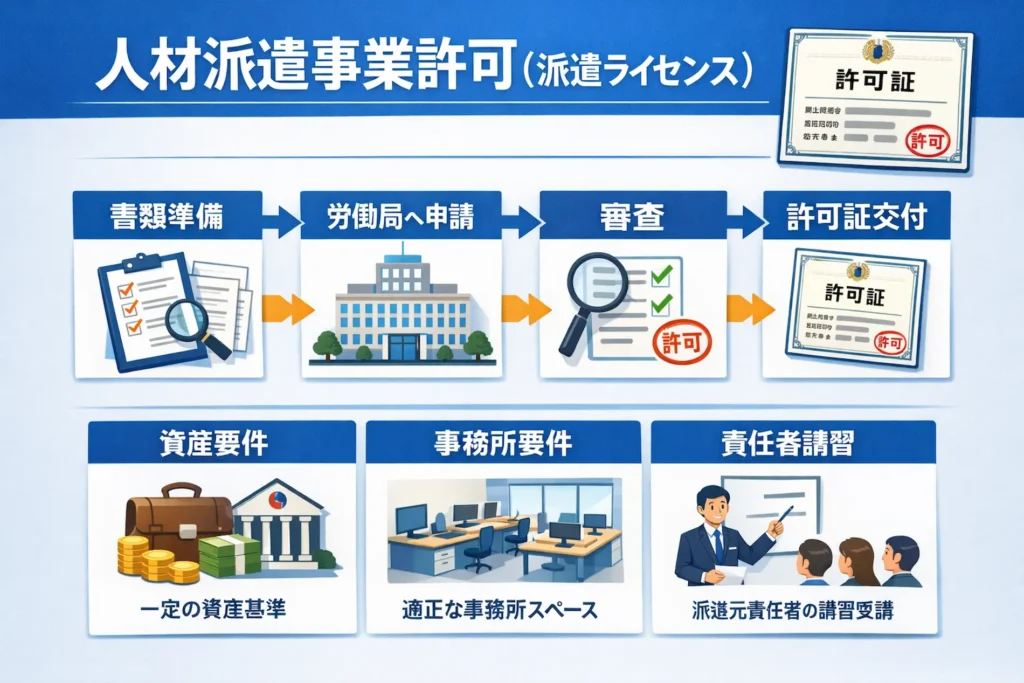 人材派遣事業許可(派遣ライセンス)の申請手順と要件(資産要件・事務所要件・責任者講習)を図解したインフォグラフィック