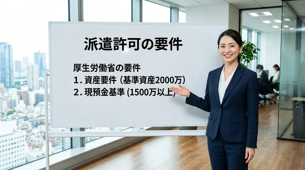 派遣許可を取得するための要件（基準資産2000万、現預金1500万以上）を説明する公認会計士の女性の横長写真