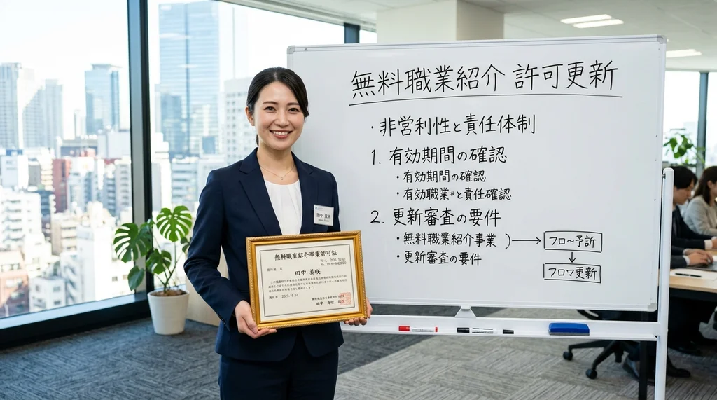 無料職業紹介事業の許可更新要件（非営利性と責任体制、有効期間の確認）を解説する公認会計士の女性の横長写真
