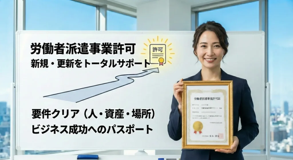 労働者派遣事業許可証（新規・更新）の取得をトータルサポートするサービスについて、許可証の額縁を持ちながら解説する女性専門家。ホワイトボードには「要件クリア（人・資産・場所）」「ビジネス成功へのパスポート」と記載されている。