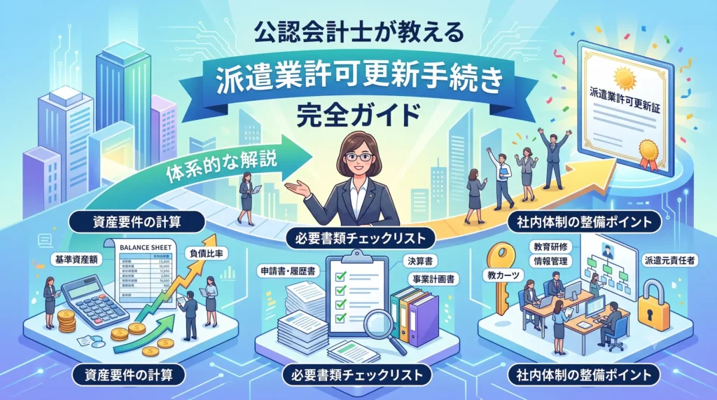完全版】派遣業許可更新の手続き・必要書類・資産要件｜公認会計士が解説のアイキャッチ画像。公認会計士が資産要件の計算、必要書類のチェック、社内体制の整備ポイントを体系的に案内するイラスト