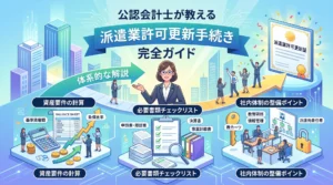 【完全版】派遣業許可更新の手続き・必要書類・資産要件|公認会計士が解説のアイキャッチ画像。公認会計士が資産要件の計算、必要書類のチェック、社内体制の整備ポイントを体系的に案内するイラスト
