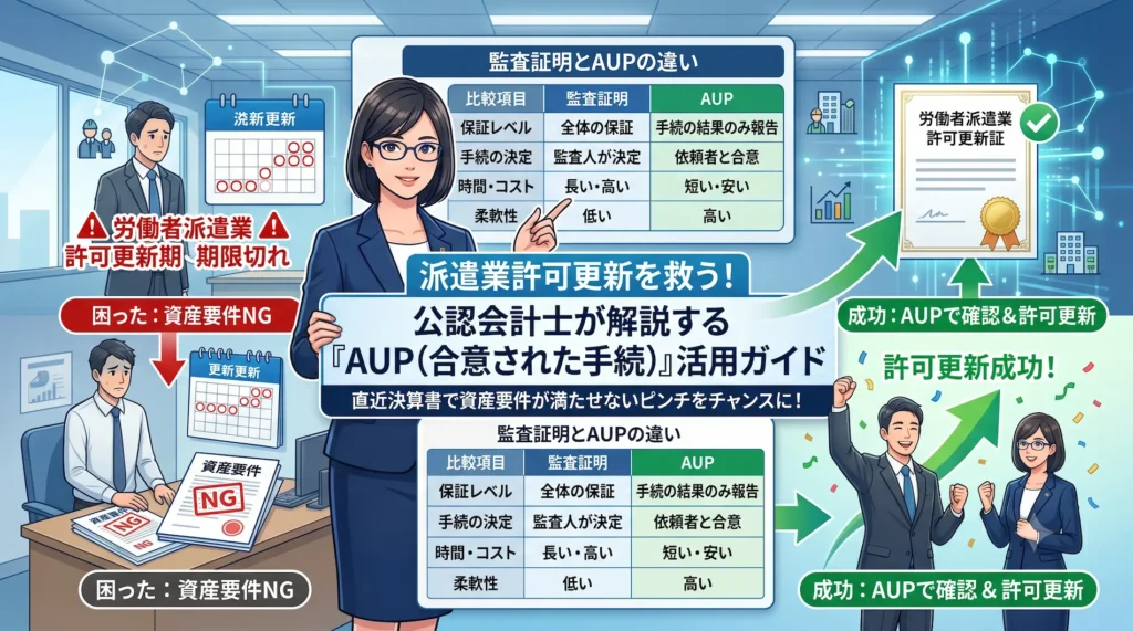 派遣業（労働者派遣事業）の許可更新で直近の決算書が資産要件を満たせない場合の解決策として、公認会計士がAUP（合意された手続）の活用法や監査証明との違いを解説するイラスト
